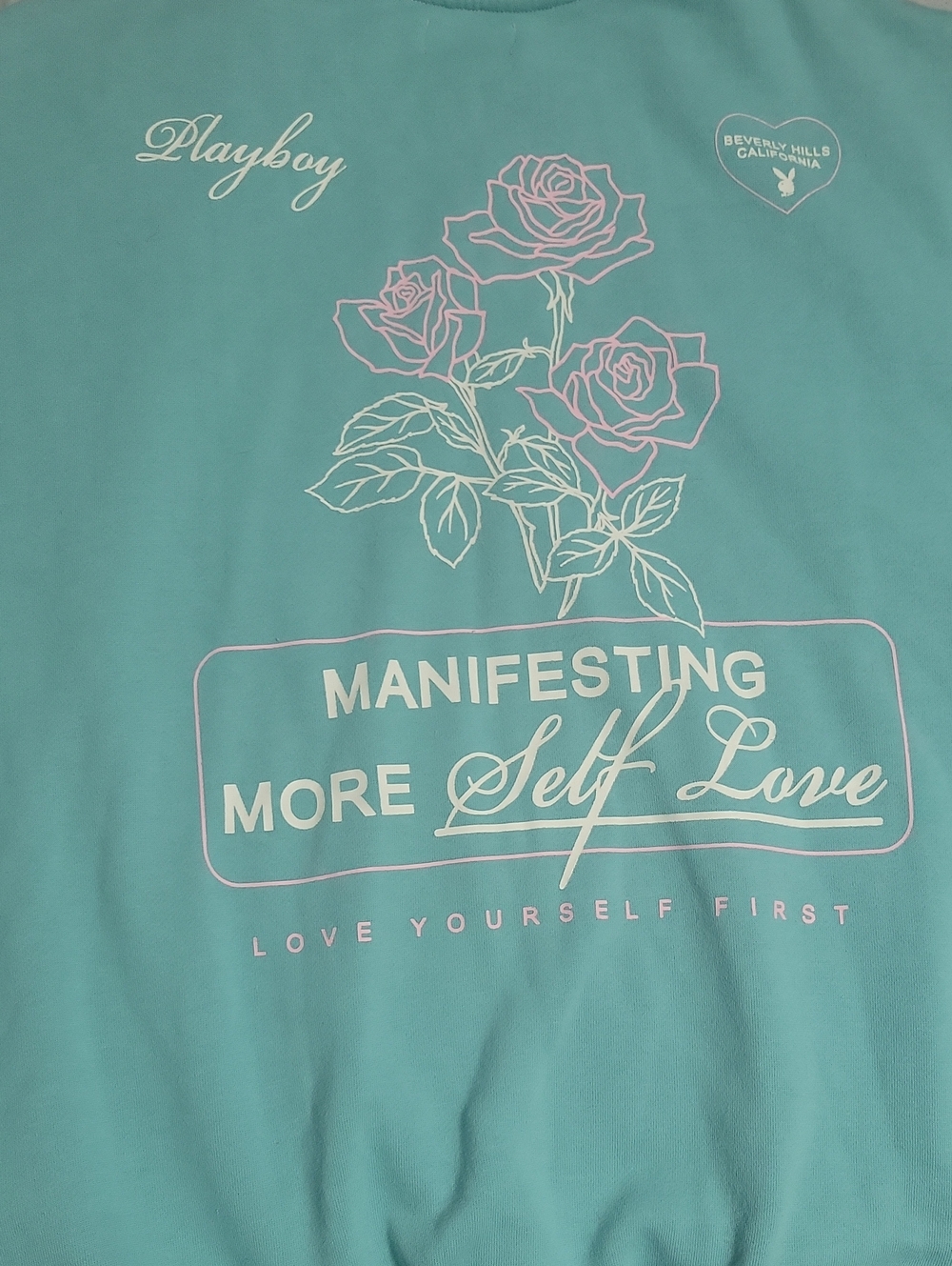 PLAYBOY Aqua Tee with Pink & White Rose Graphic